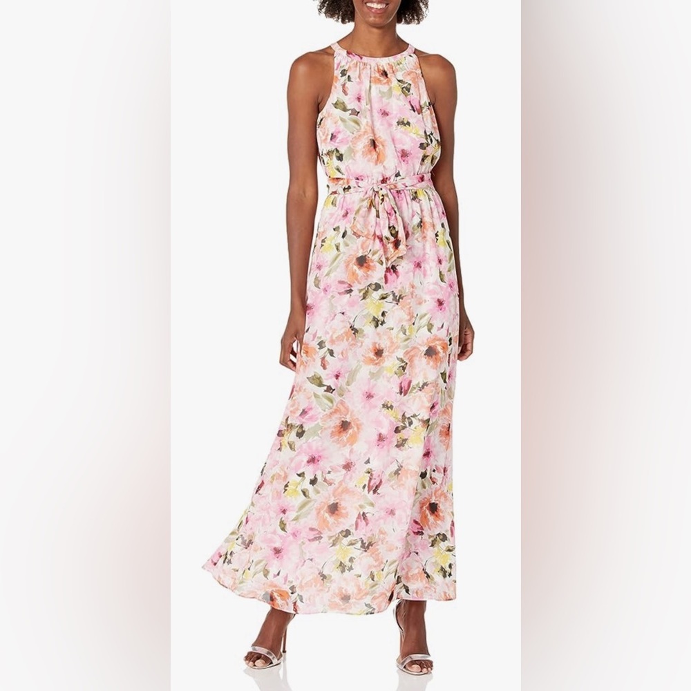 Nine West Women's Pink Combo Pleated Bodice Shirred waist maxi dress size 14 new